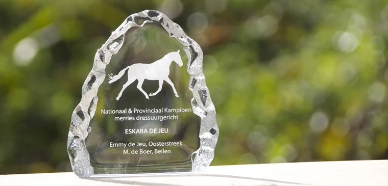 Glazen award met een gegraveerd paard